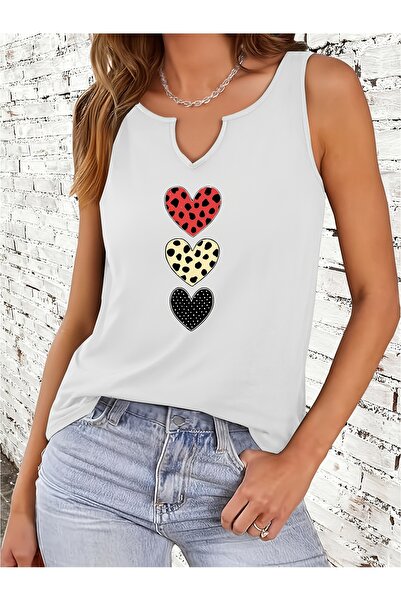 Deocept Γυναικείο μπλουζάκι Heart με τύπωμα με μισό V-λαιμόκοψη, αμάνικο, καν...
