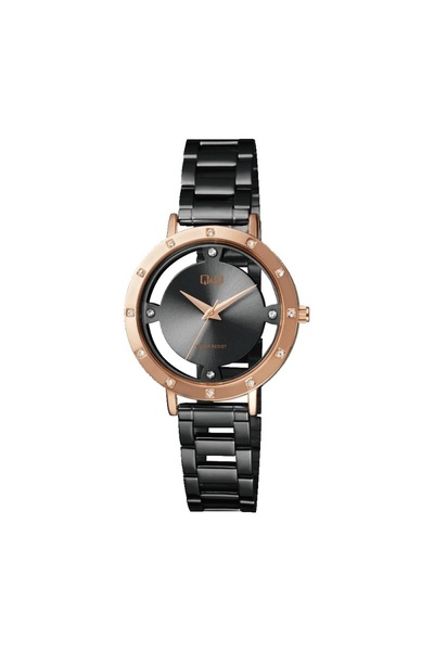 Q&Q QC23J402Y watch, Rose Gold case, 34mm, white crystals, black steel bracel...