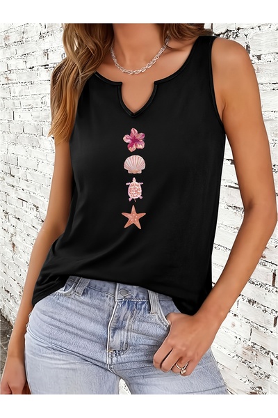 mercoledi Women's Sea Shell Printed Half V-Neck Sleeveless Regular Fit Casual...