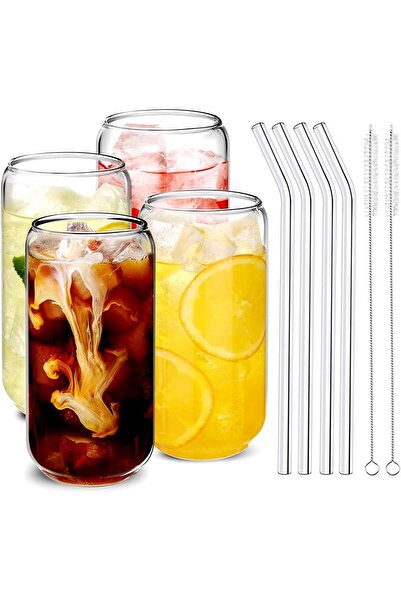 Arabest Drinking Glasses with Glass Straw 4Pcs Set-16.9oz Can Shaped Glass Cu...