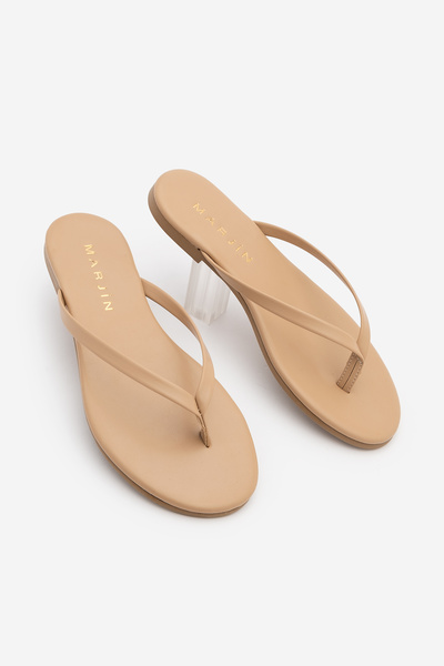 Marjin Γυναικείες παντόφλες με λεπτά λουράκια και στρογγυλή μύτη Navisa Beige