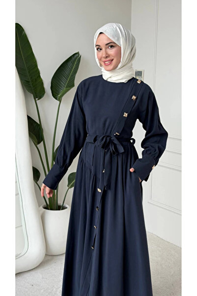 Butik Lacivert Modal Kumaş Kuşaklı Düğmeli Elbise Modelimiz