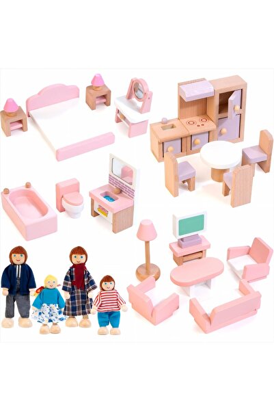 Arabest Kizfarm Wooden Dollhouse Furniture Set with 4 Family Dolls, 26 Pcs Pr...