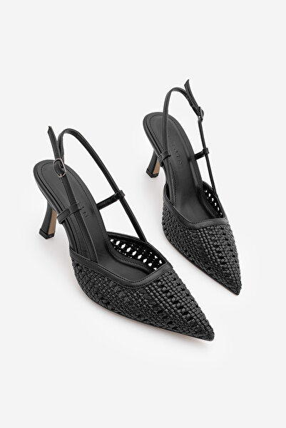 Marjin Women's Stiletto Pointed Toe Open Back Knitted Heeled Shoes Reveno Black