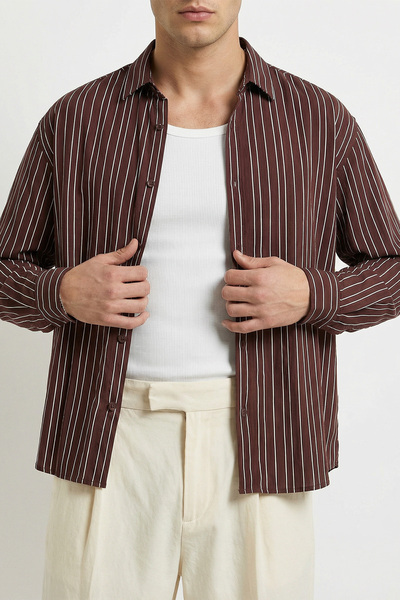 Livio Ferri Tugur Men's Striped Oversize Premium Shirt Soft Touch Refined Com...