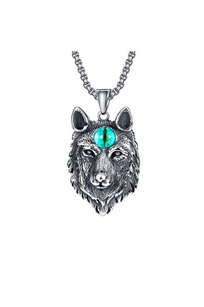 EFAYN.RO Lant unisex, pandantiv lup cu ochi de demon din sticla, argintiu cu ...