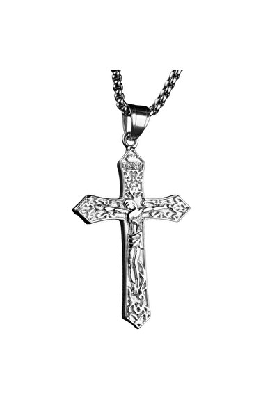 EFAYN.RO Lant model religios, cu pandantiv cruce INRI, unisex, argintiu, EFAYN