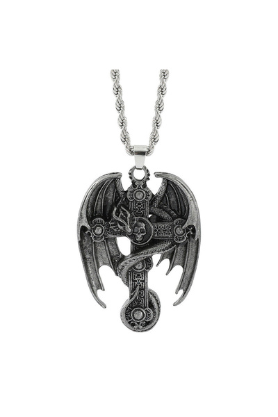 EFAYN.RO Lant cu pandantiv cruce vintage, model cu dragon si aripi mari, unis...