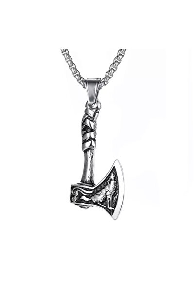 EFAYN.RO Chain with axe pendant, viking pattern, unisex, metallic silver, EFAYN