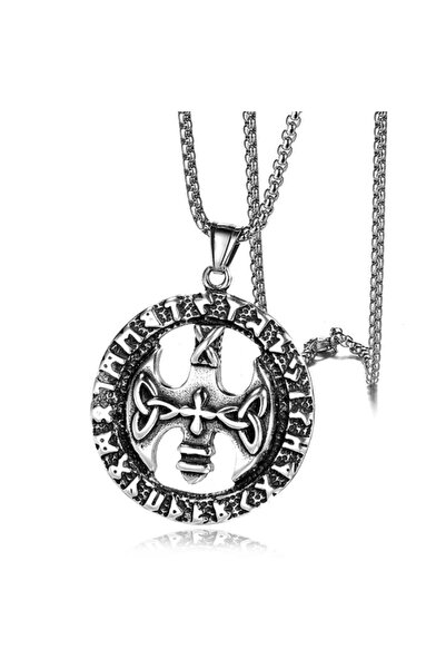 EFAYN.RO Lant model celtic, pandantiv rotund cu rune, unisex, argintiu, EFAYN