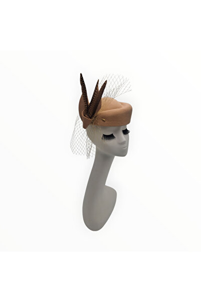 Miss Hat Beige Felt Hat with Removable Veil and Feathers