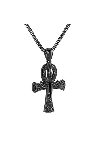 EFAYN.RO Lant model Anhk, cu pandantiv cruce egipteana, unisex, negru, EFAYN