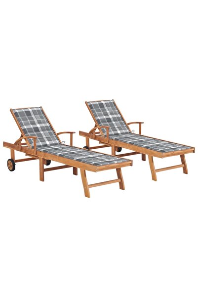 Concept Ξαπλώστρες με γκρι καρό μαξιλάρι, 2 τεμάχια, από μασίφ ξύλο τικ