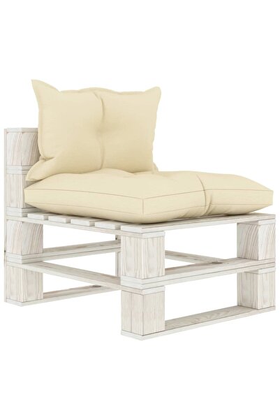 Concept Καναπές κήπου από παλέτες, μεσαίο, με κρεμ μαξιλάρια, ξύλο.
