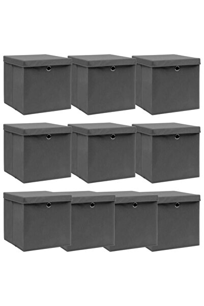 Concept Κουτιά αποθήκευσης με καπάκια, 10 τεμ., γκρι, 32x32x32 εκ., υφασμάτινα