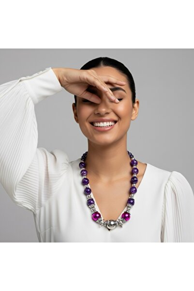 COCOSH TAKI Purple Beaded Multi Silver Color Detailed Custom Design Necklace