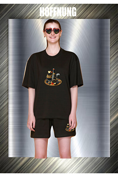 HOFFNUNG Unisex Casual Short Sleeve Set with Black Drinks Print Outdoor Sprin...