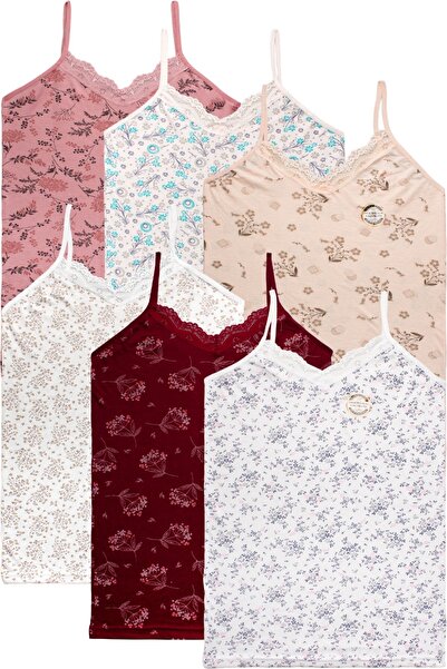 DEZ STORE İlbaş Women’S Ç Floral Print Women's Tank Top with Straps (Pack of 6)