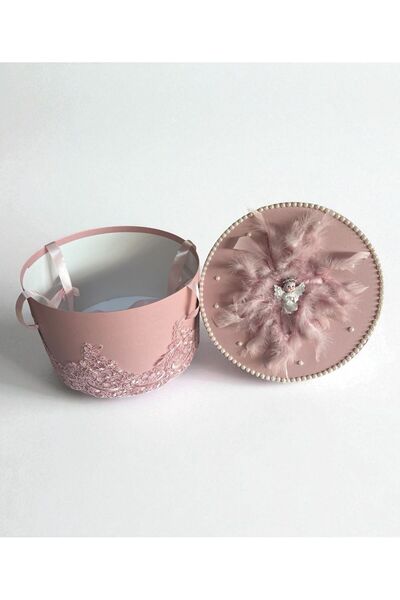 Your Baby Store Cufar cutie botez – pudra , model ingeras cu pene si dantela