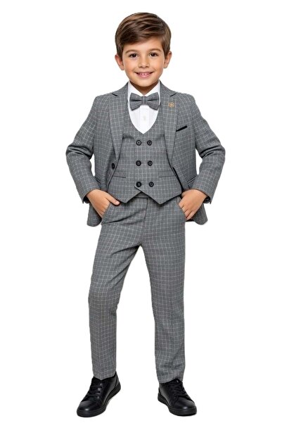 s.t. sebat tekstil Plaid Pattern Vest Set Boys' Suit with Bow Tie and Jacket ...
