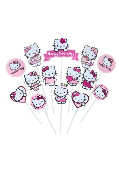 OEM Σετ διακόσμησης για τούρτα Hello Kitty, EBIN, 14 τεμάχια, χρωματιστό χαρτ...