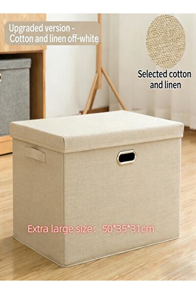Generic Beige cotton and linen foldable storage box with lid, suitable for st...