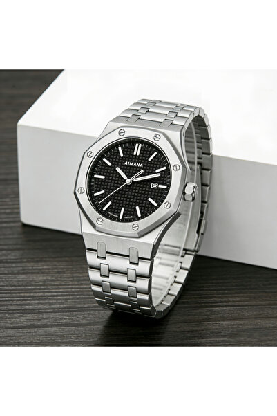 AIMANA Classic Luxury Men’s Watch – Royal Oak Inspired, Black Grid Dial, Stee...
