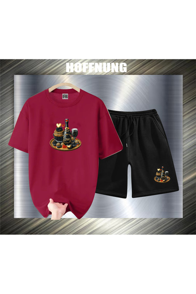 HOFFNUNG Set casual unisex cu mânecă scurtă, cu imprimeu cu băuturi negre, pe...