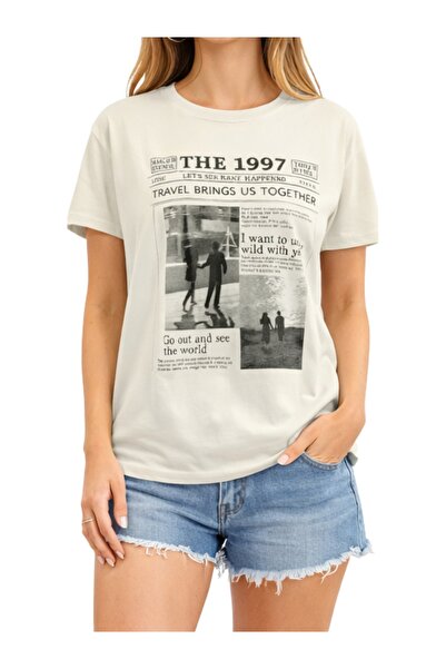 ship master Tricou unisex vintage cu imprimeu de ziar, supradimensionat, bej,...