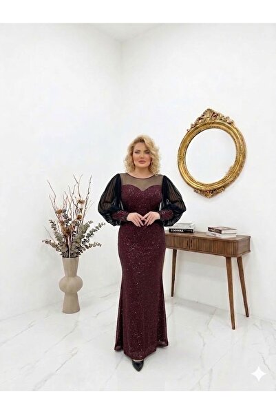 Donna Miranda Pırıltılı, Pliseli Balon Kol Abiye Elbise