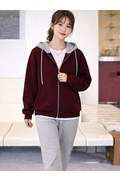 EXPECTED Unisex Bordo Gri Kapüşonlu Oversize Mevsimlik 2 İp Hırka Orta Kalınlık