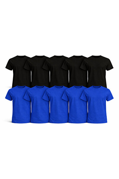 MONOTEE Set of 10 Black and Blue Men's T-Shirts 100% Cotton, Simple Basic Sol...