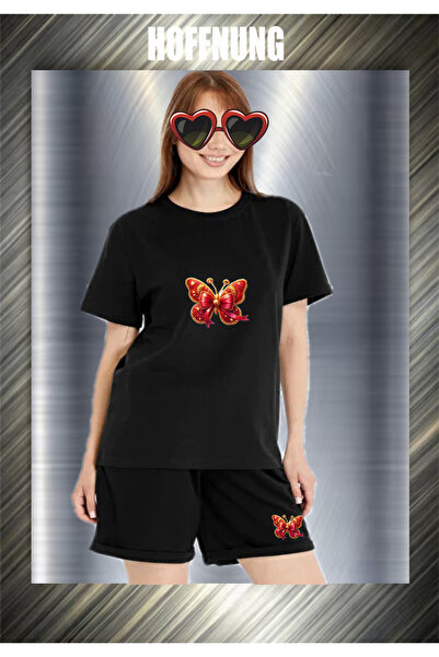 HOFFNUNG Unisex Casual Short Sleeve Set with Red Butterfly Print Outdoor Spri...