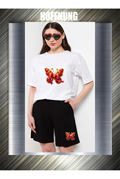 HOFFNUNG Unisex Casual Short Sleeve Set with Red Butterfly Print Outdoor Spri...