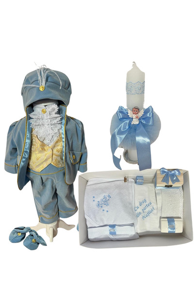 Your Baby Store Set complet pentru botez baiat Micul Print- blue regal cu cos...