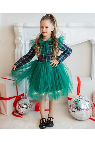 fustite cu luminite Ελαφρύ Φόρεμα, Πράσινο Καρό - 10-12 ετών (140-152 εκ.)
