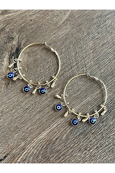 Büyük Hanım Nazar Beaded Gold Metal Large Earrings