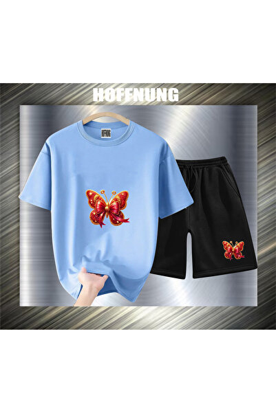 HOFFNUNG Unisex Casual Short Sleeve Set with Red Butterfly Print Outdoor Spri...