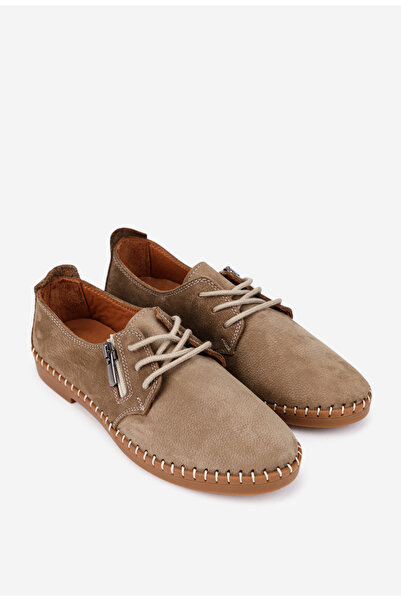 Dasha Pantofi dama taupe din piele nabuc cu siret si fermoar decorativ