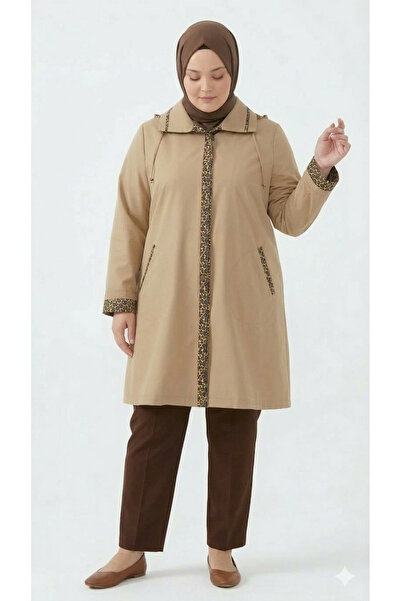 MERYU TİCARET Büyük Beden Trençkot Çıkarılabilir Kapşonlu Cepli
