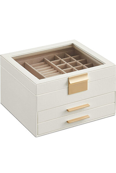 SONGMICS Cutie de bijuterii cu 3 nivele, 2 sertare, capac din sticla, 20x23x1...