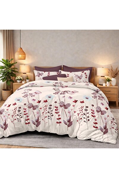 Pucioasa Finet elastic bed linen, 6 pieces, Purple flowers and butterflies