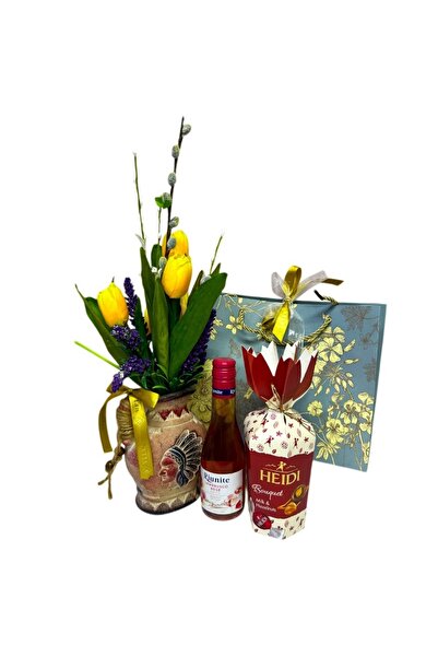 velve Elegant Golden Tulips set with floral arrangement in vase, rose wine an...