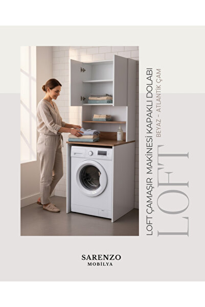 Sarenzo Loft Üstü Dolaplı Çok Amaçlı Çamaşır Makinası Dolabı (Beyaz- Atlantik...