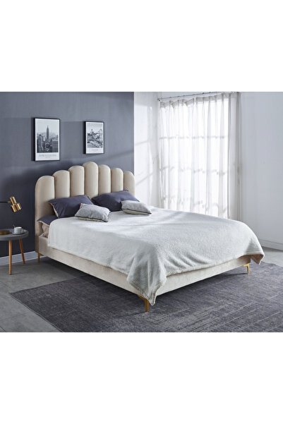 CLOUD Pat Pat 180x200 cm tapițat cu catifea bej, cu somieră cu șipci inclusă