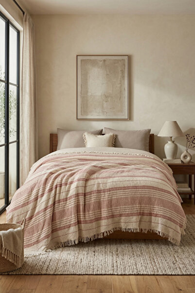 Destiva Home 4 Layer Muslin Double Bedspread 220X230 cm 100% Cotton Striped S...