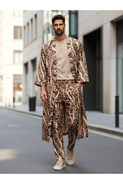 QMEN STYLE Erkek Kimono Takımı Leopar Desen – 3’lü Viskon Set (Bornoz + Panto...