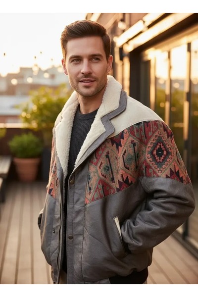 CANMODA (7909) Recien Unisex Fur Collar Vintage Aztec Jacket Oversize 90S Coa...