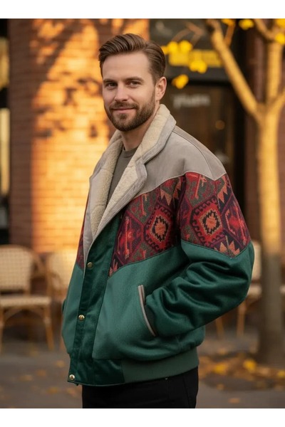 CANMODA (7907) Recien Unisex Fur Collar Vintage Aztec Jacket Oversize 90S Coa...