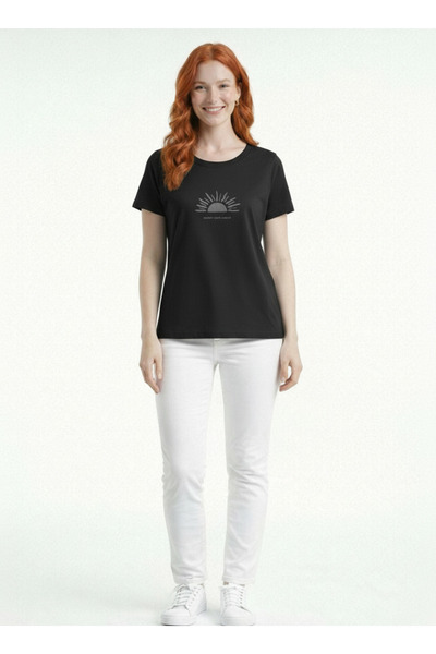 Neden Tekstil Women's Basic Sun Patterned Round Neck Short Sleeve T-Shirt